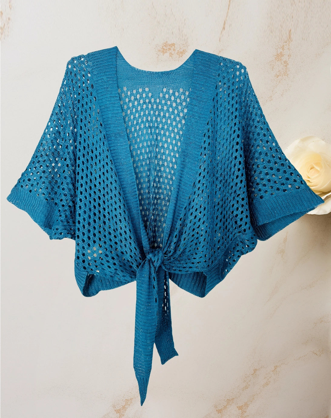 Eyelet Open Knit Metallic Cardigan w Front Tie- Teal