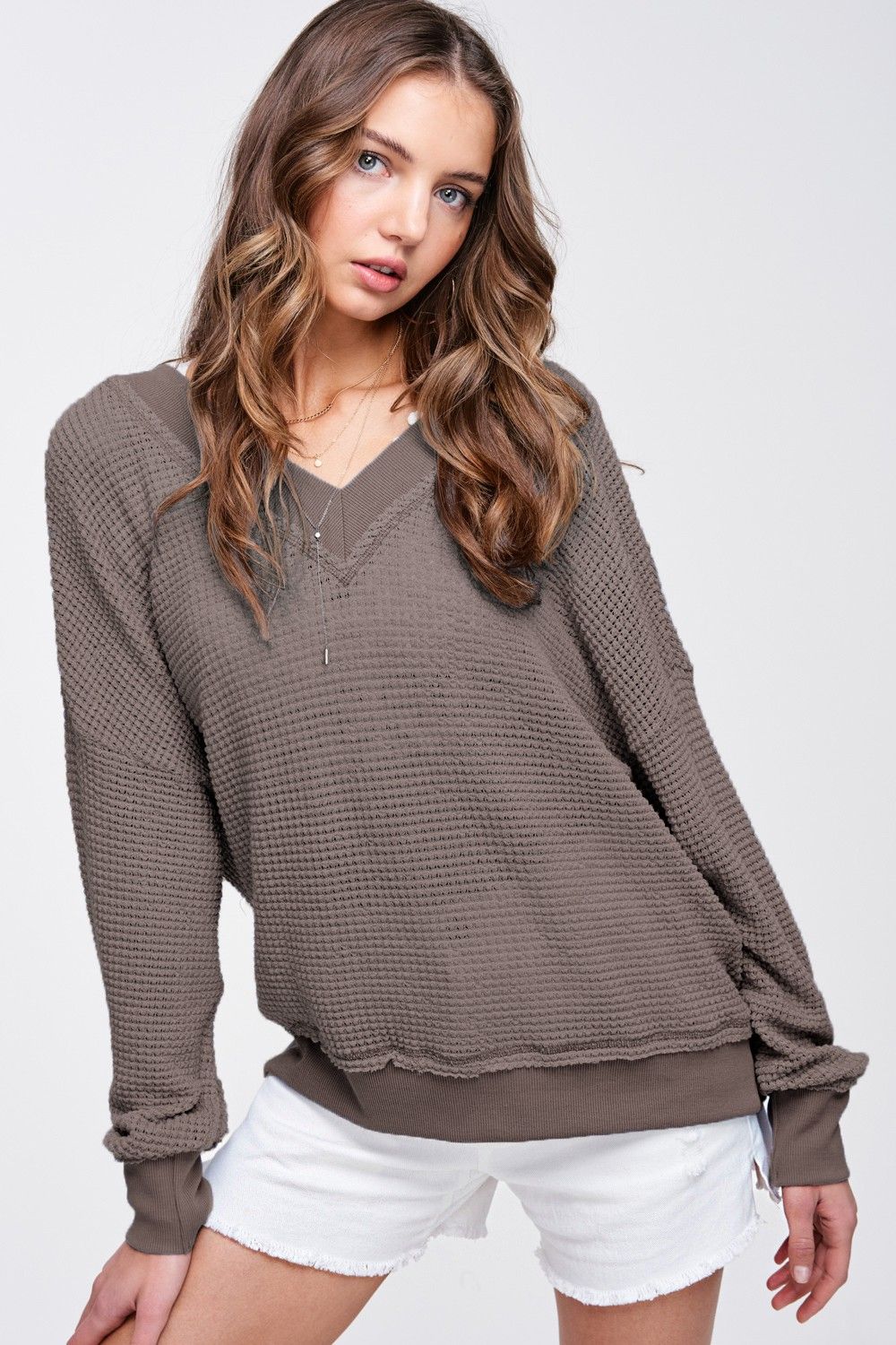 Thermal V Neck Drop Sleeve Sweatshirt- charcoal