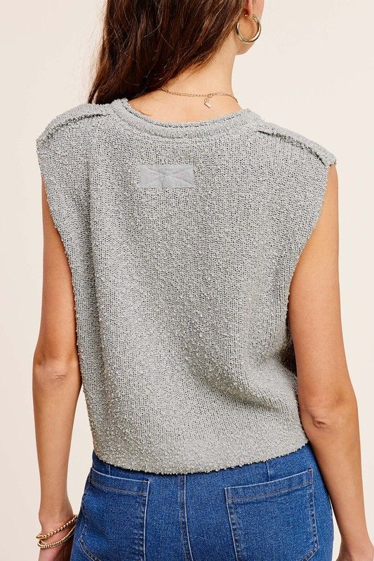 Cutout Neckline with Button Detail Sweater- grey