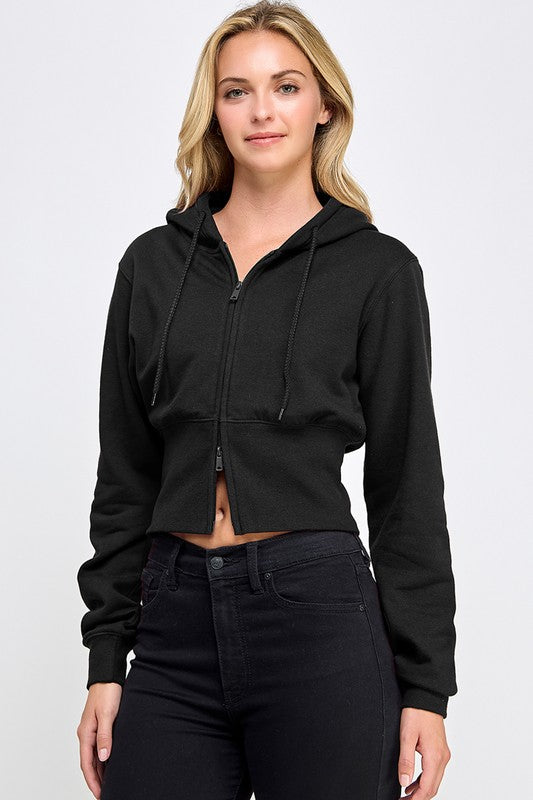 Fleece Relaxed Fit Cropped 2-Way Zip Up Hoodie- black
