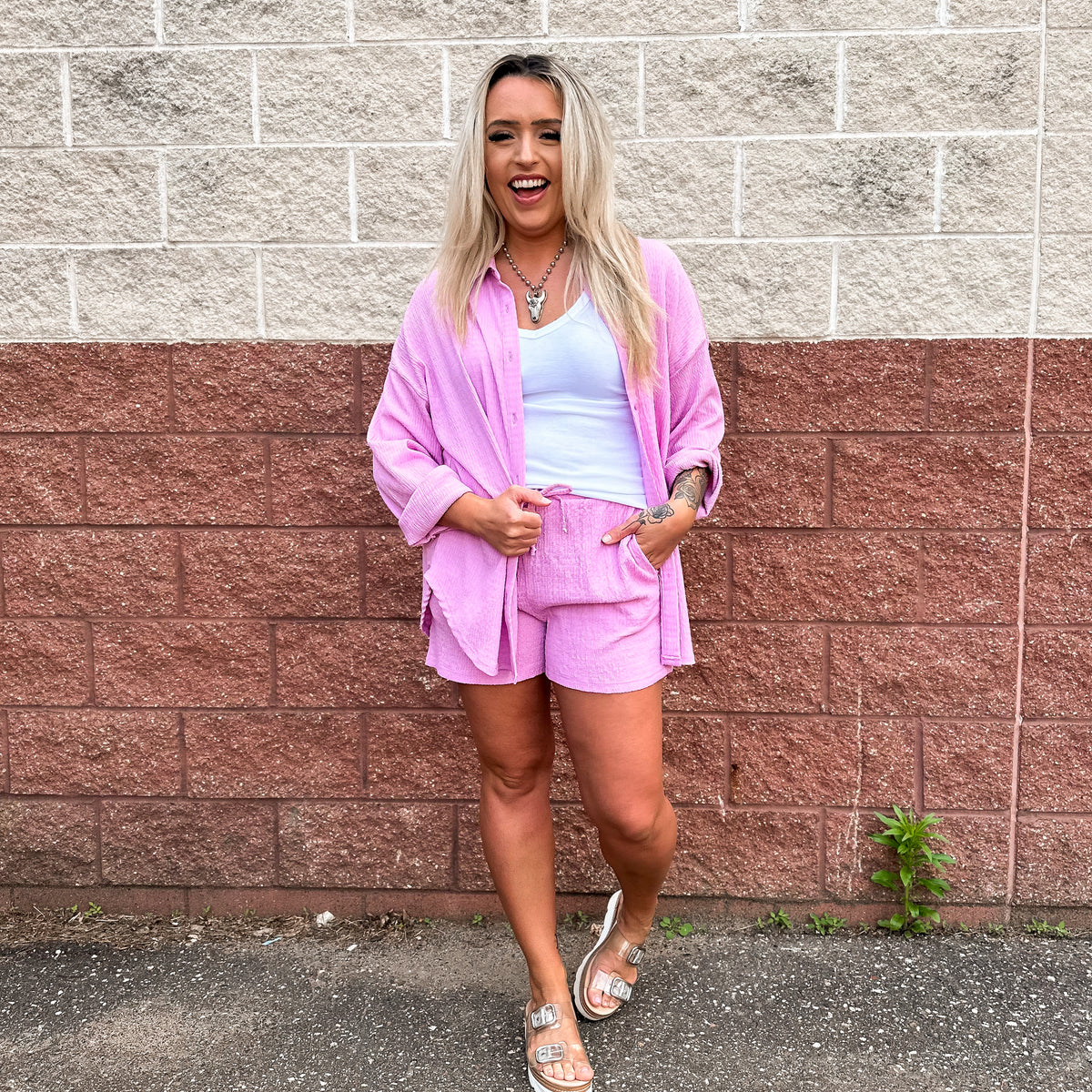 Plisse Knit Button Up Top and Shorts Matching Set – MB Stillwater
