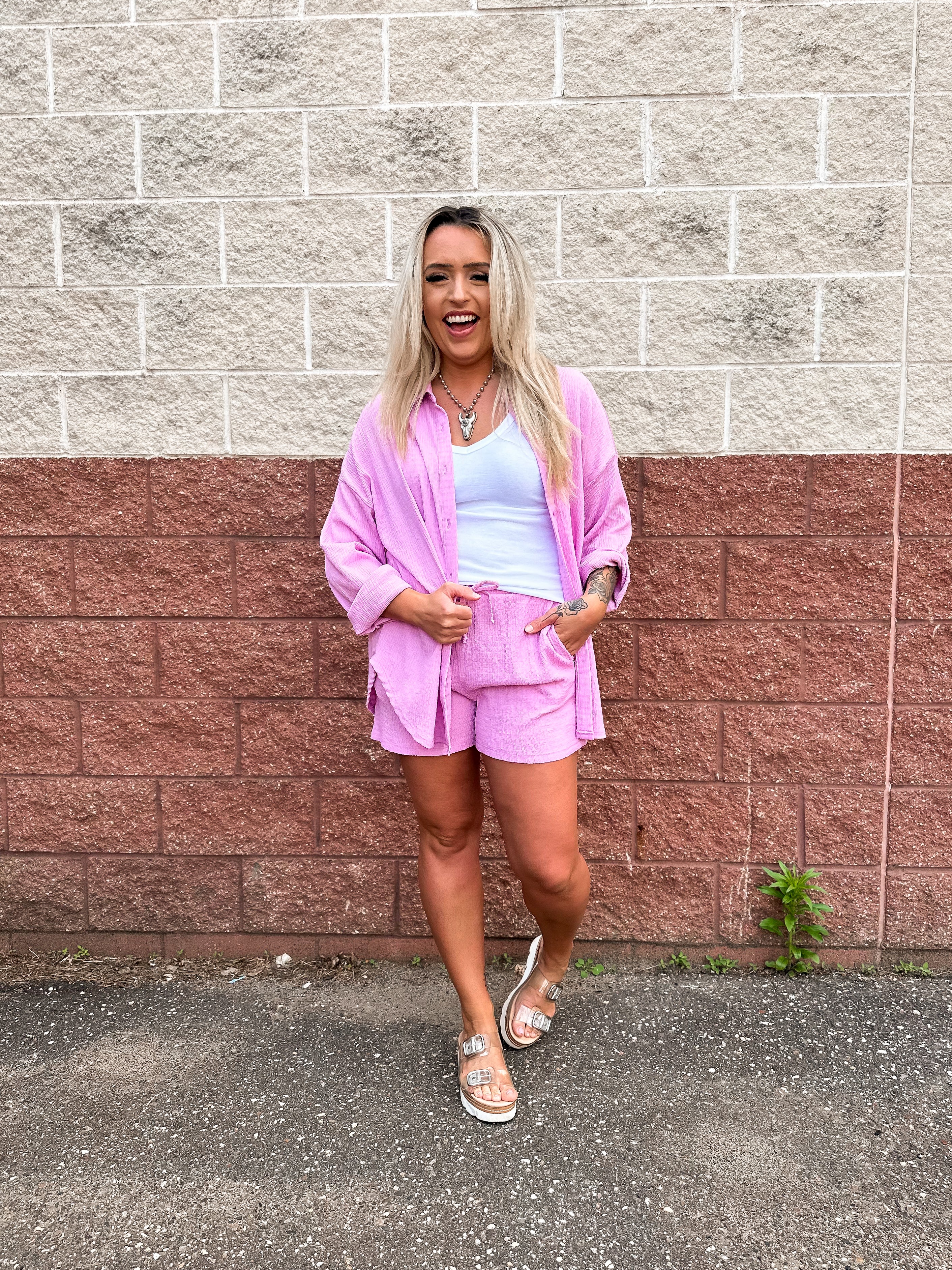 Mainstream Boutique Stillwater Women’s Plisse Knit Button Up Top and Shorts Matching Set