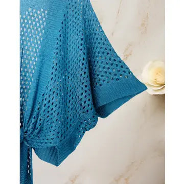 Eyelet Open Knit Metallic Cardigan w Front Tie- up close