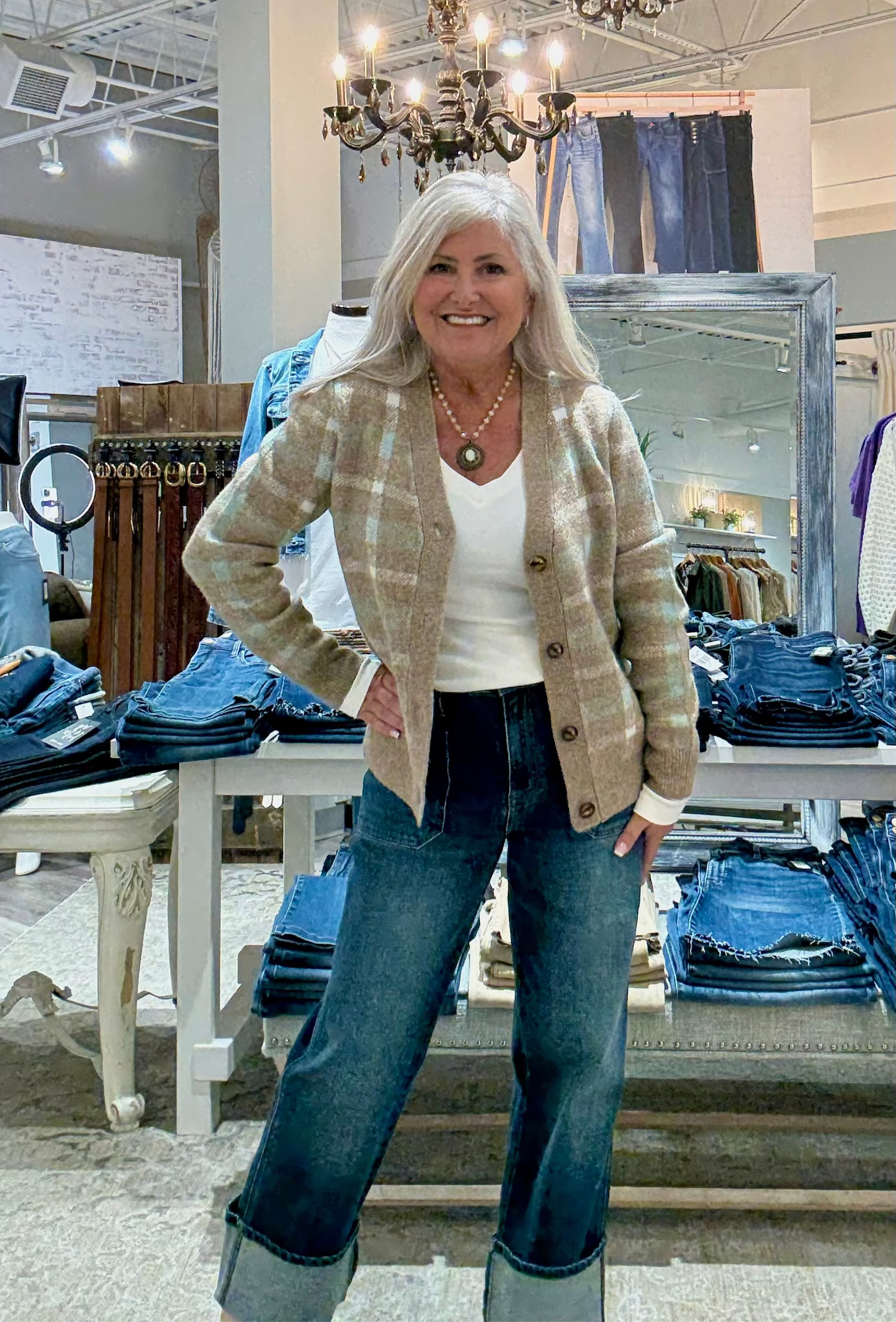 Long Sleeve V-Neck Checkered Button Down Sweater Cardigan