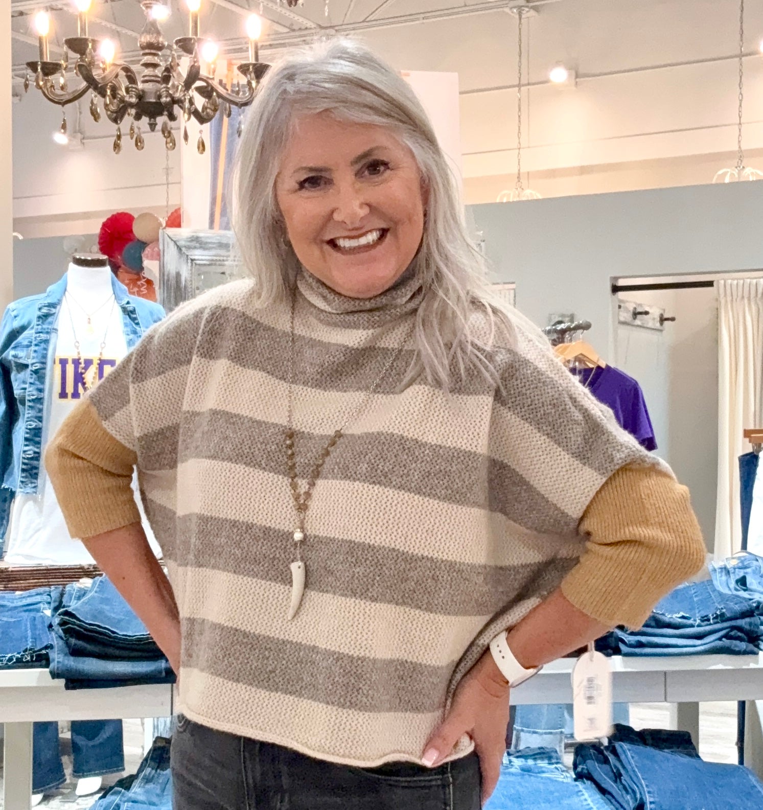 Color Block Striped Boxy Turtleneck Sweater- beige