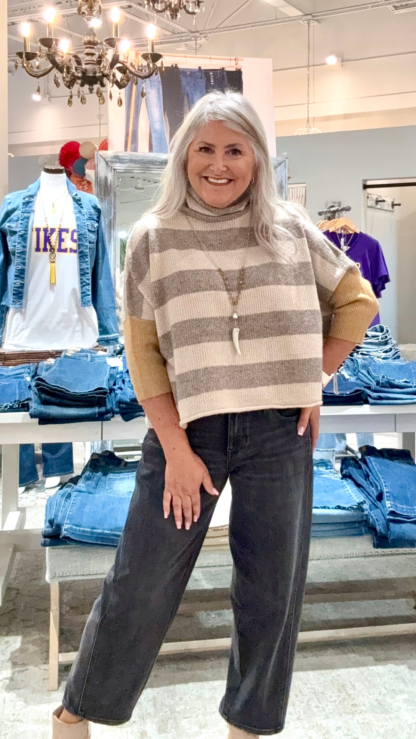 Color Block Striped Boxy Turtleneck Sweater- beige