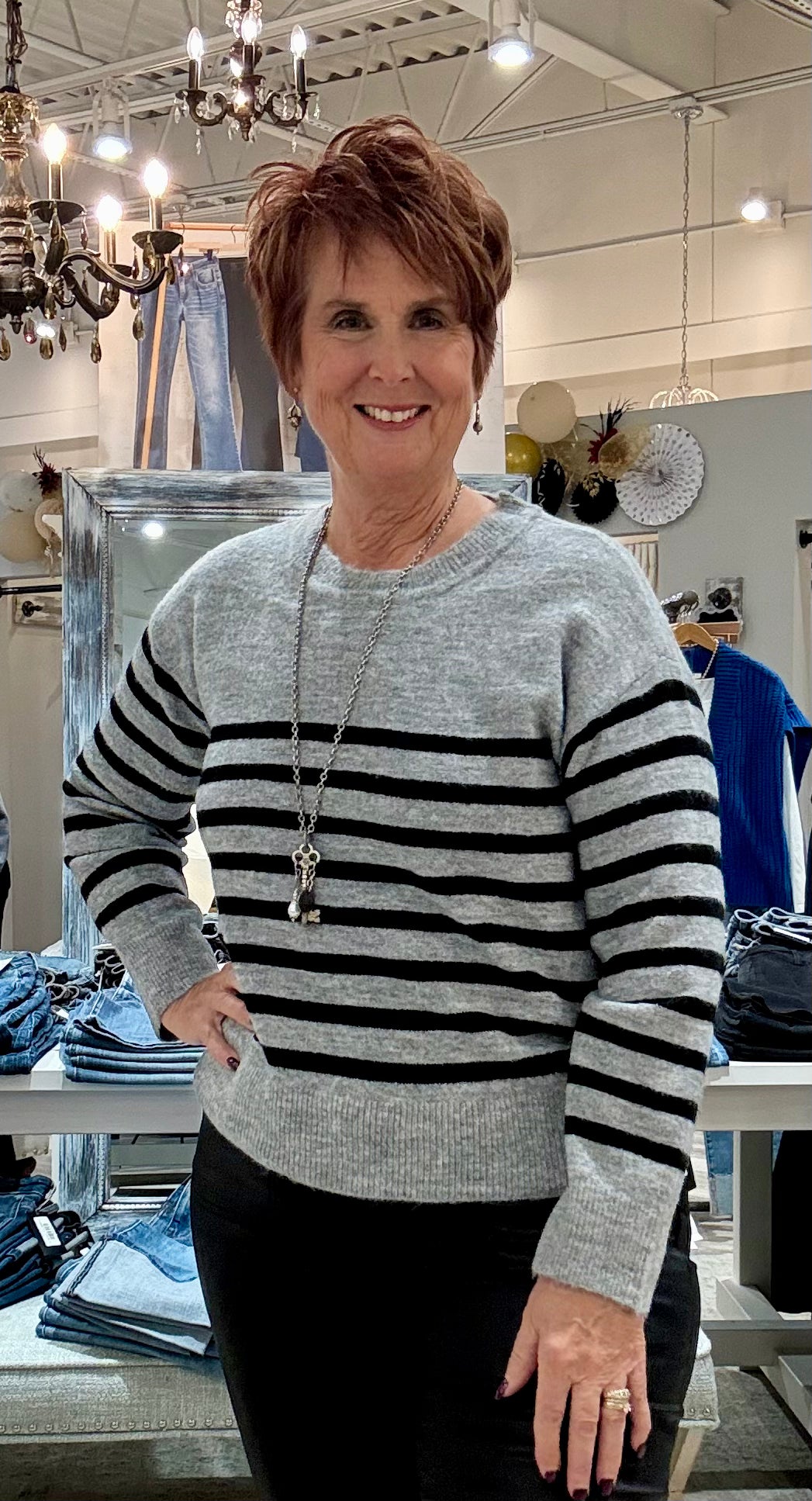 Long Sleeve Crew Neck Dropped Shoulder Striped Sweater