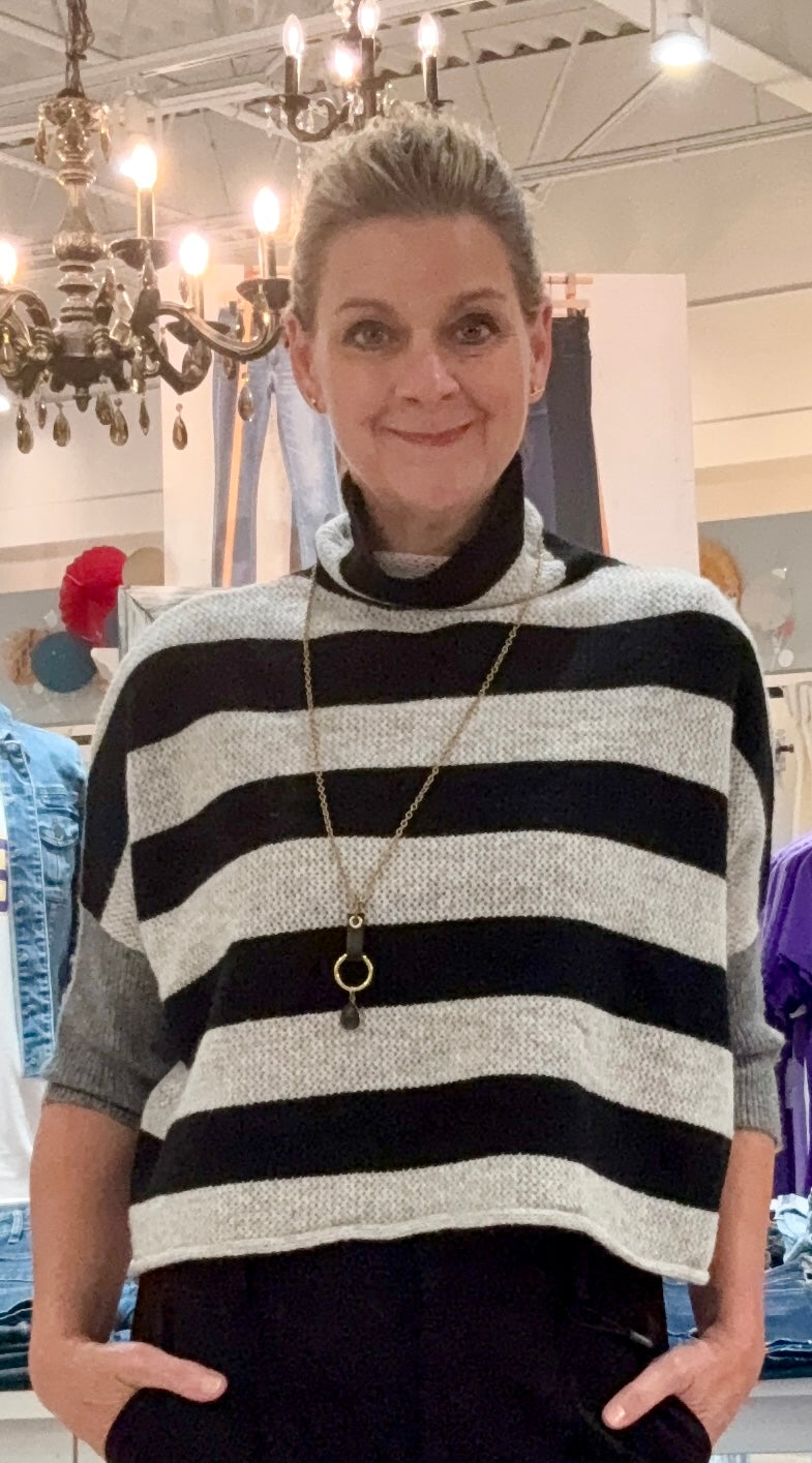 Color Block Striped Boxy Turtleneck Sweater- black multi