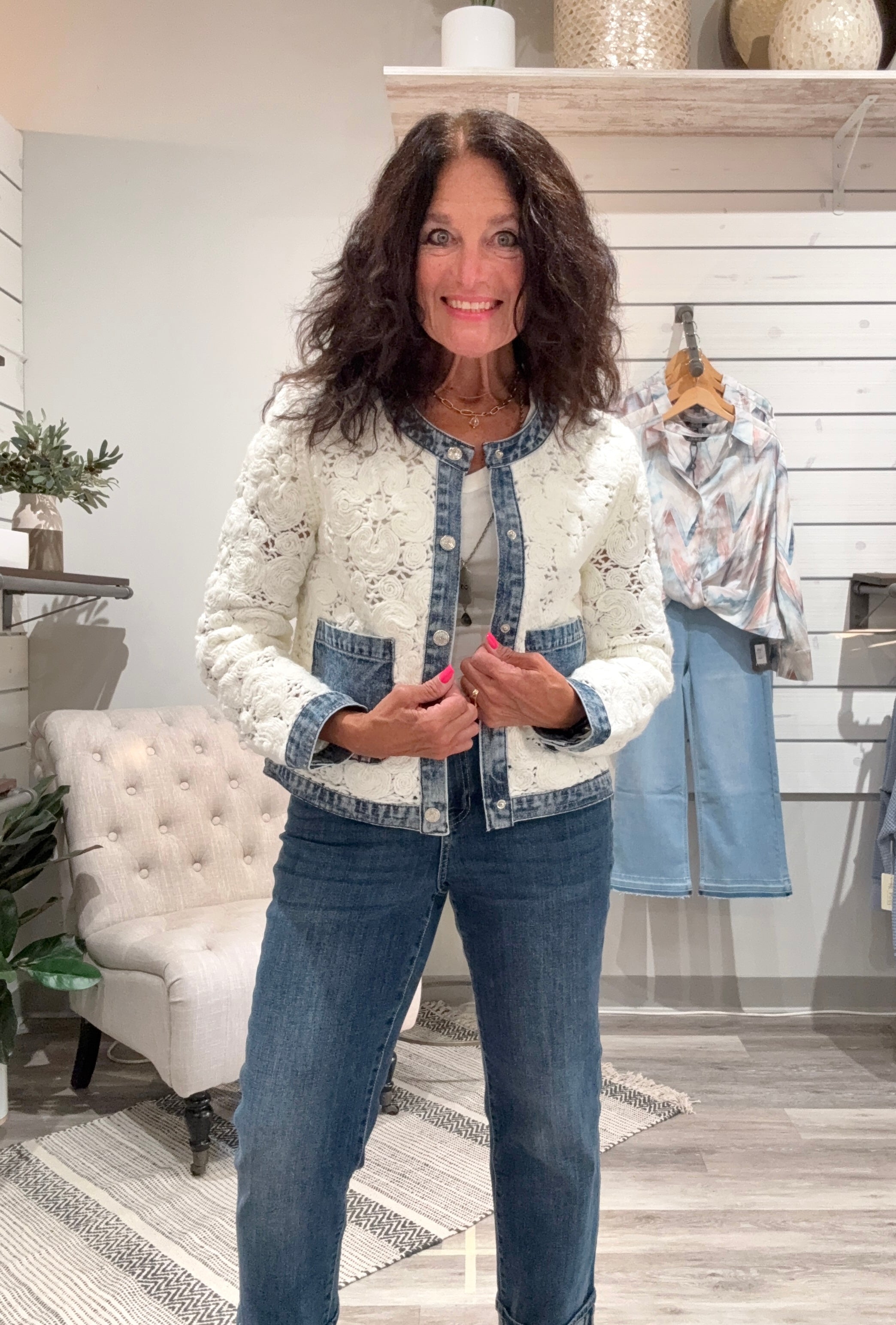 MIX MEDIA CROCHET JACKET WITH DENIM INSERTS
