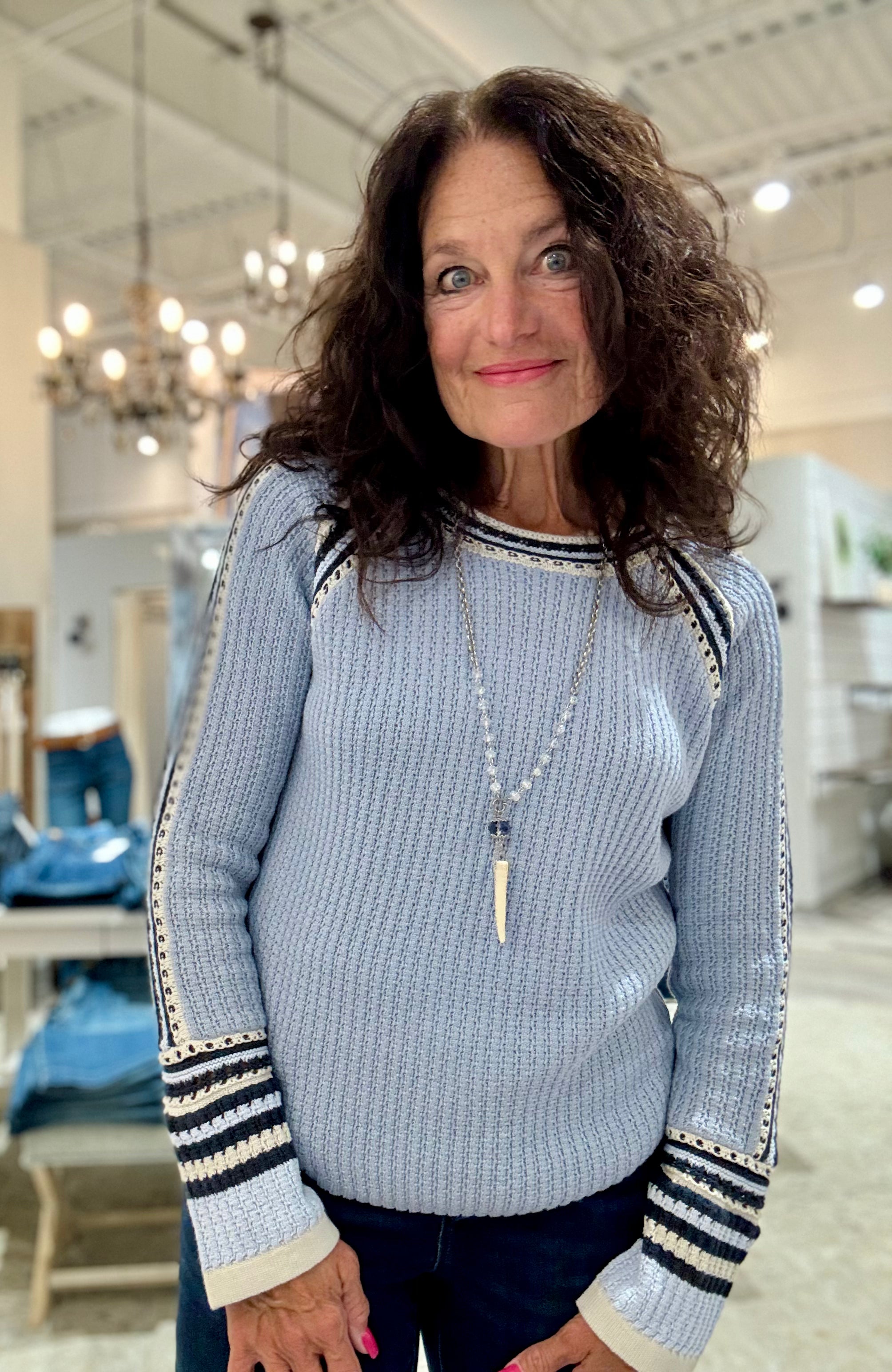 Raglan and Sleeve Trim Detail Sweater- blue