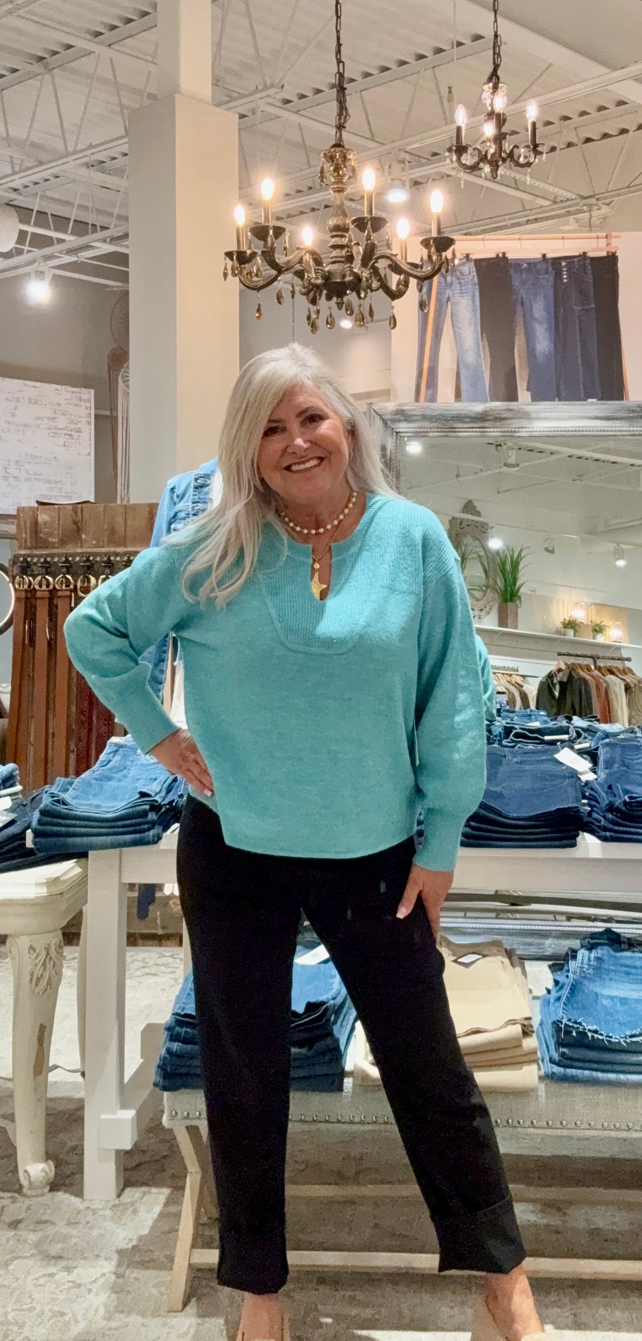 Long Sleeve Notch Neckline Sweater- mist blue