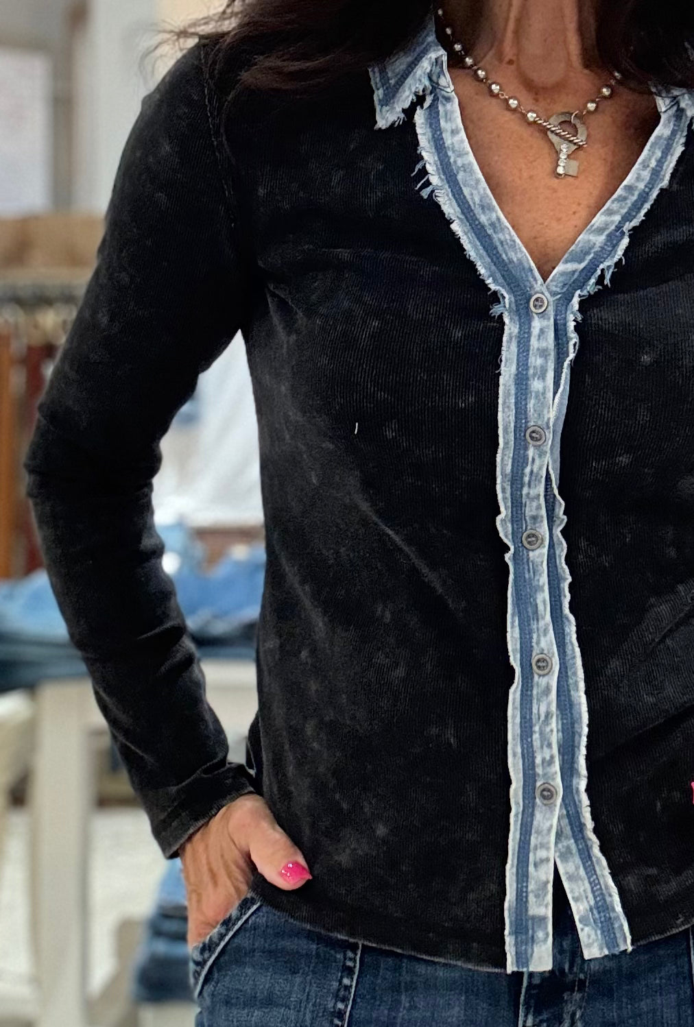 Washed Rib Thermal Button Down Top