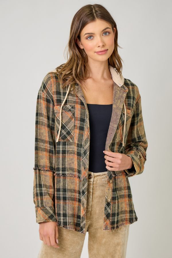 Washed Plaid Hoodie Jacket- slate