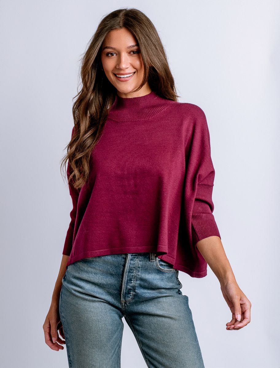 Boxy Mock Neck 3/4 Sleeve Top with Rib Hem- Bordeaux