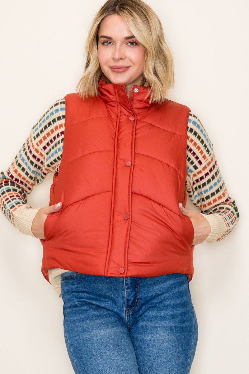 Polar Collar Hidden Snap Zip Up Puffer Vest- rust