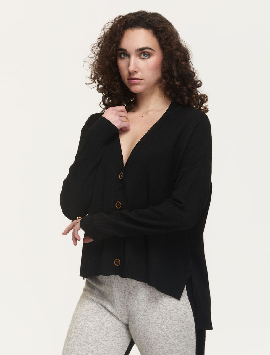 High Low Long Sleeve Button Down Cardigan- black