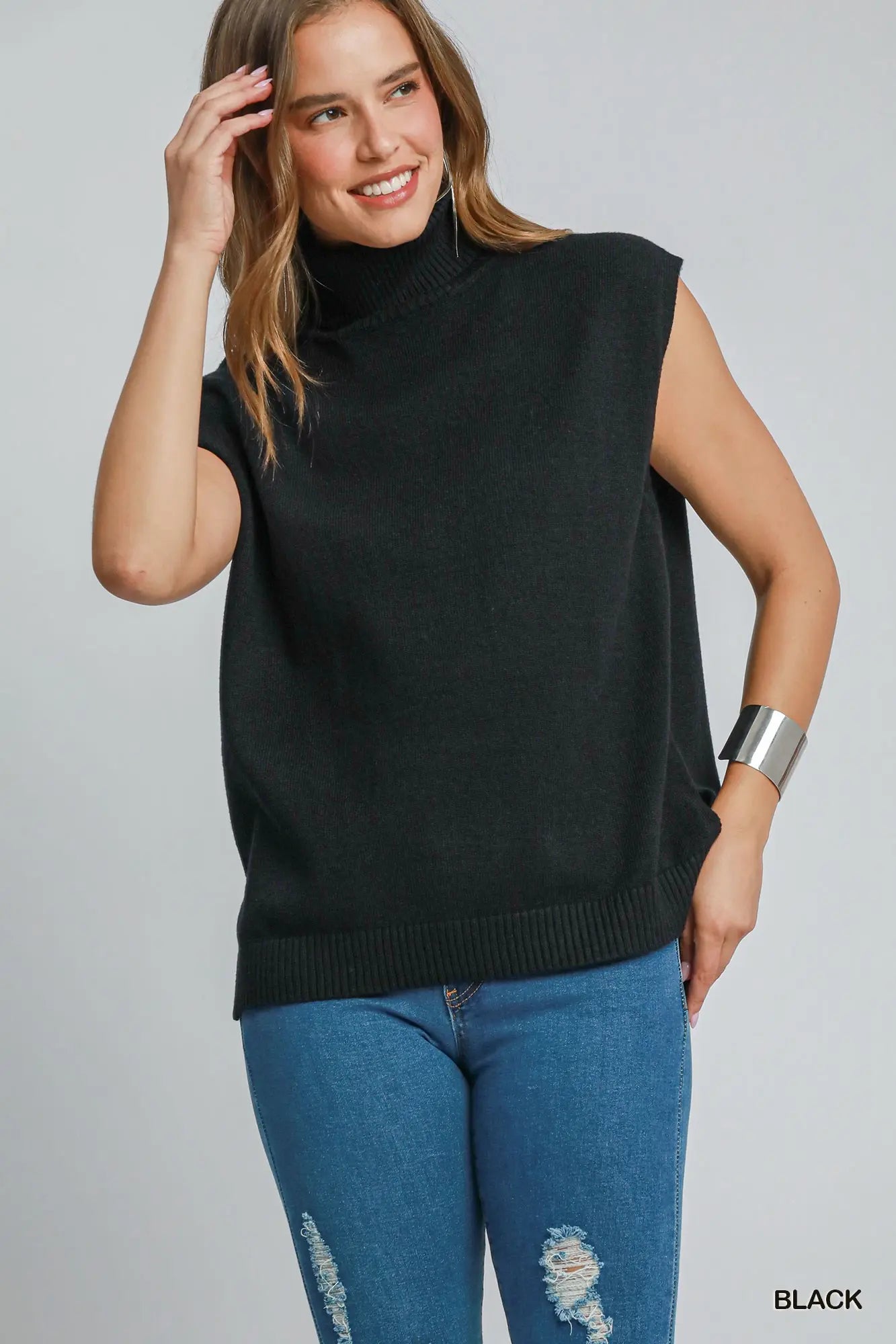 Pullover Knit Hi-Lo Turtleneck Top- black