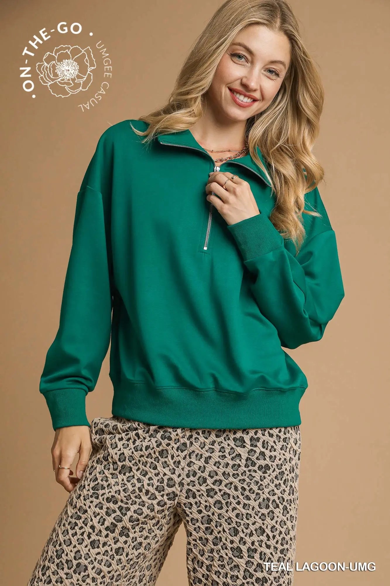 Pullover Luxe Knit 1/4 Neck Zip Top- lagoon