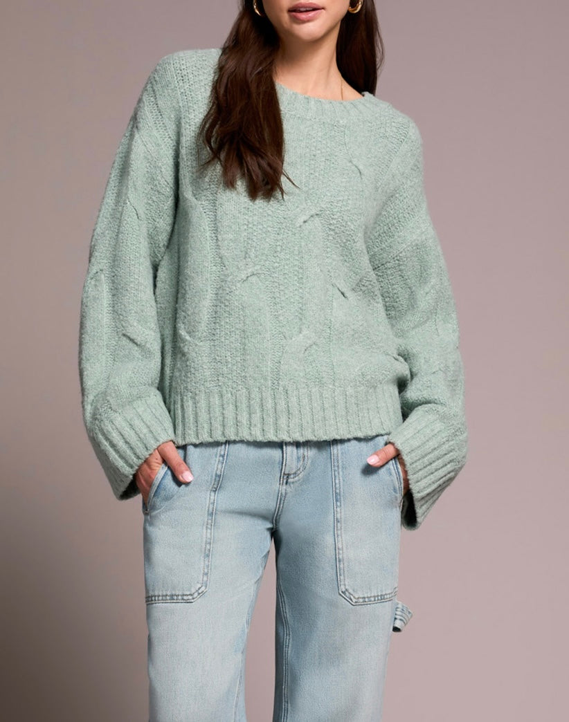Crew Neck Loose Fit Cable Sweater- silver pine