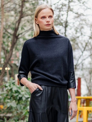 Soft Ribbed Faux Cashmere Turtle Neck Sweater with Leather Cuff