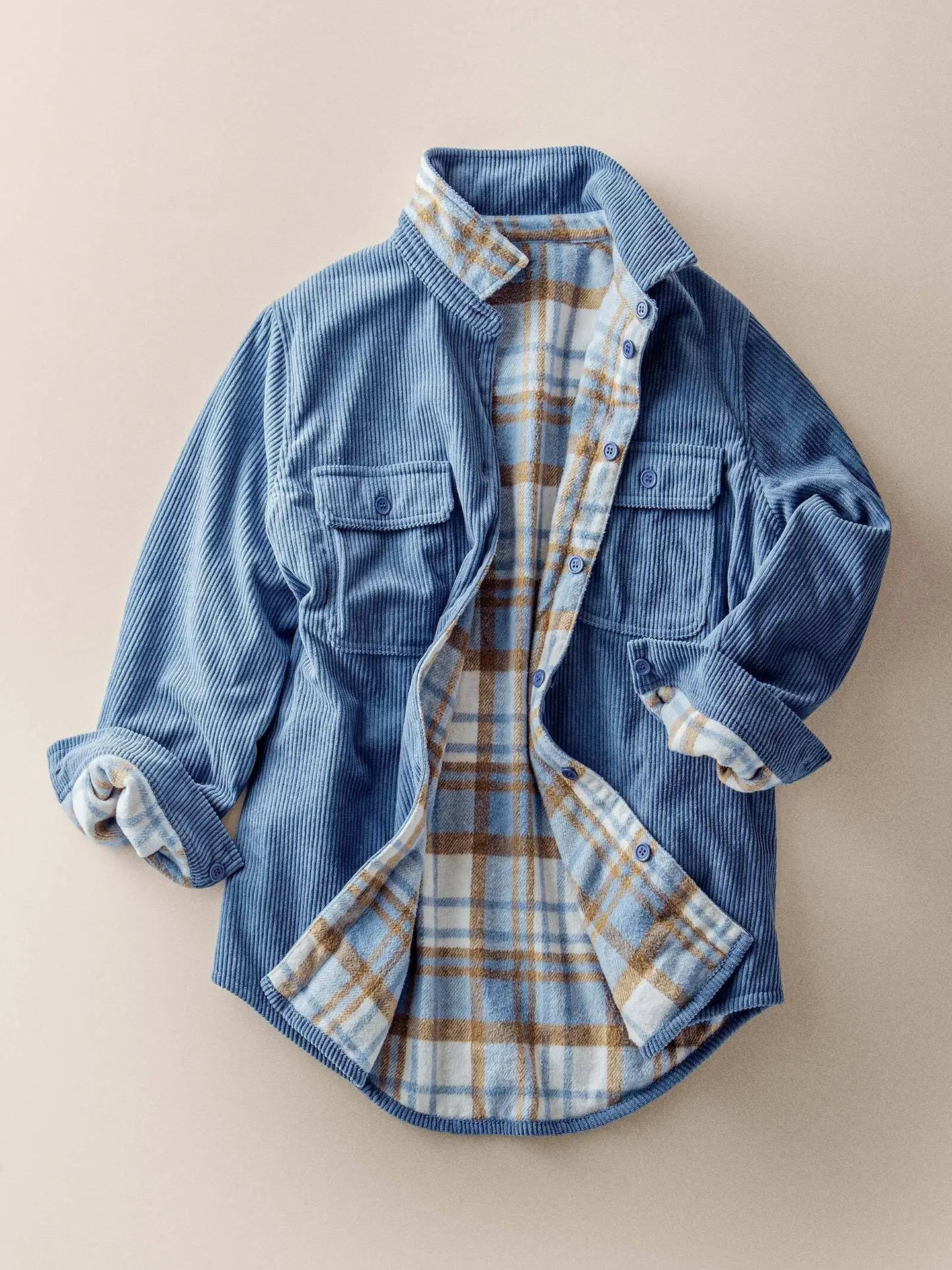 Plaid Flannel-Lined Corduroy Shacket- blue stone