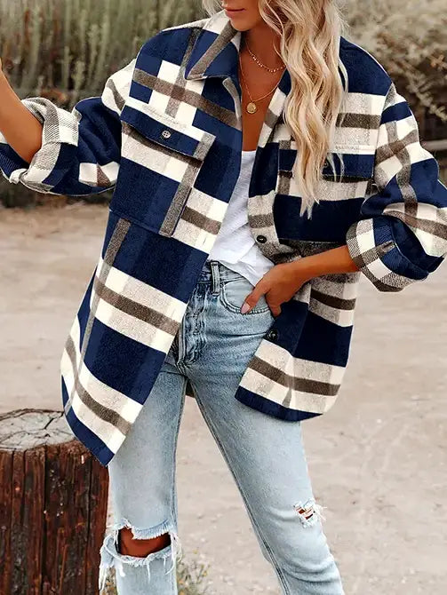 Plaid Button Flannel Shirt Jacket- navy