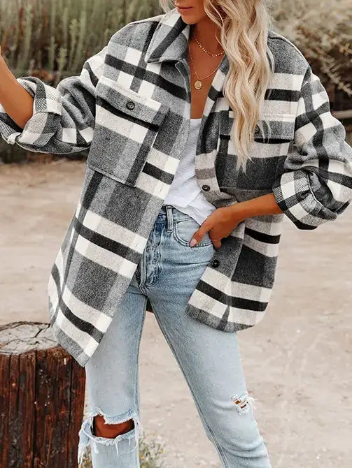 Plaid Button Flannel Shirt Jacket- black/white