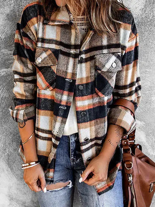 Casual Geometric Plaid Print Pocketed Shacket- blue