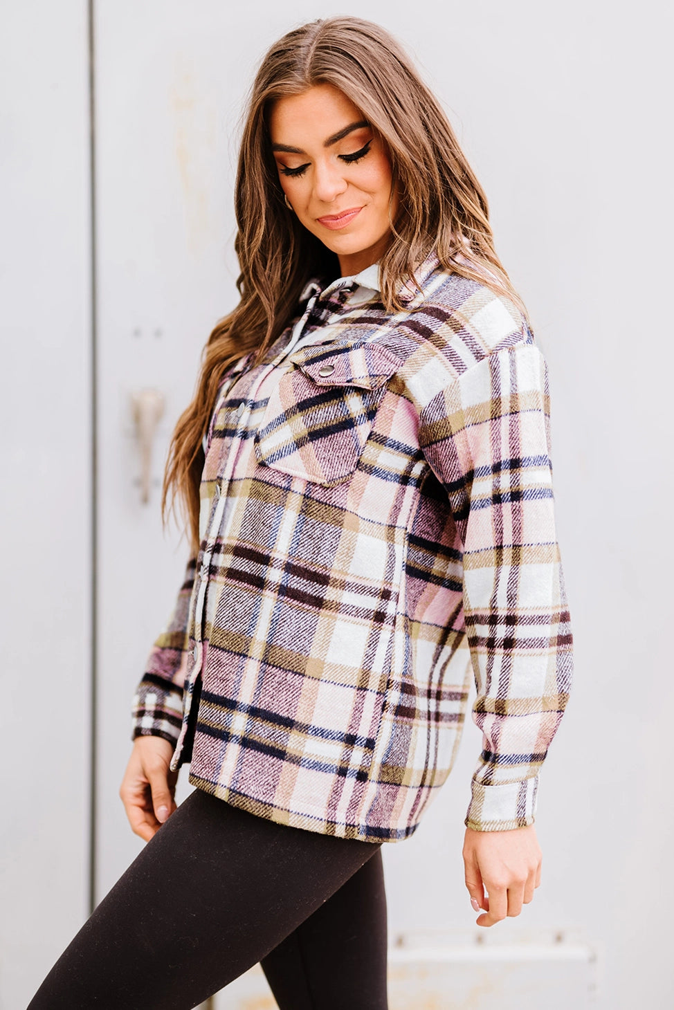 Casual Geometric Plaid Print Pocketed Shacket- pink