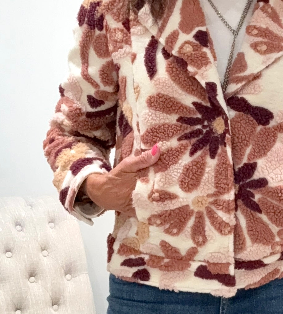 Sherpa Flocked Fleece Short Jacket with Hidden Snaps and Welt Pockets