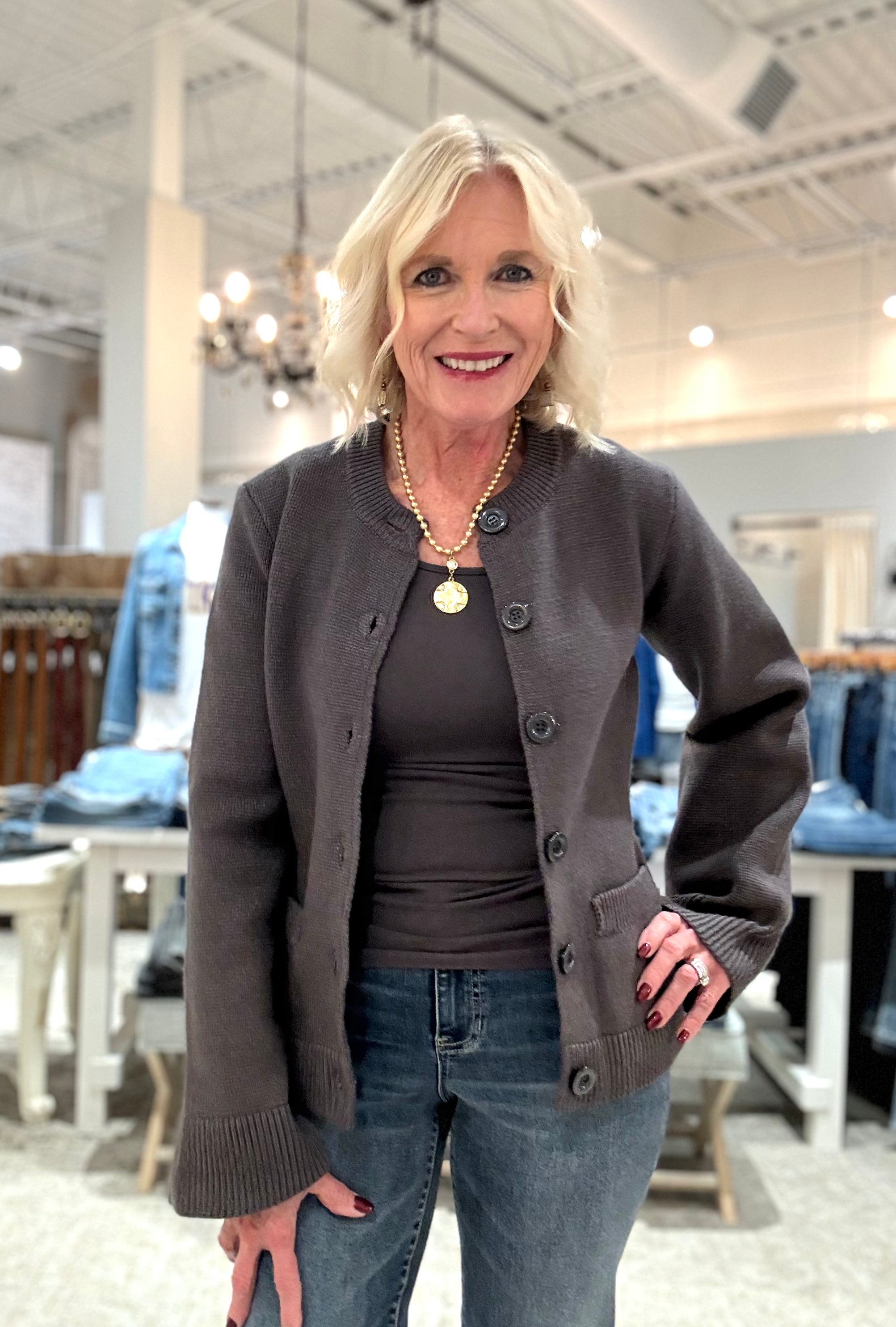 Button Up Crew Neck Sweater with Bell Sleeve- grey