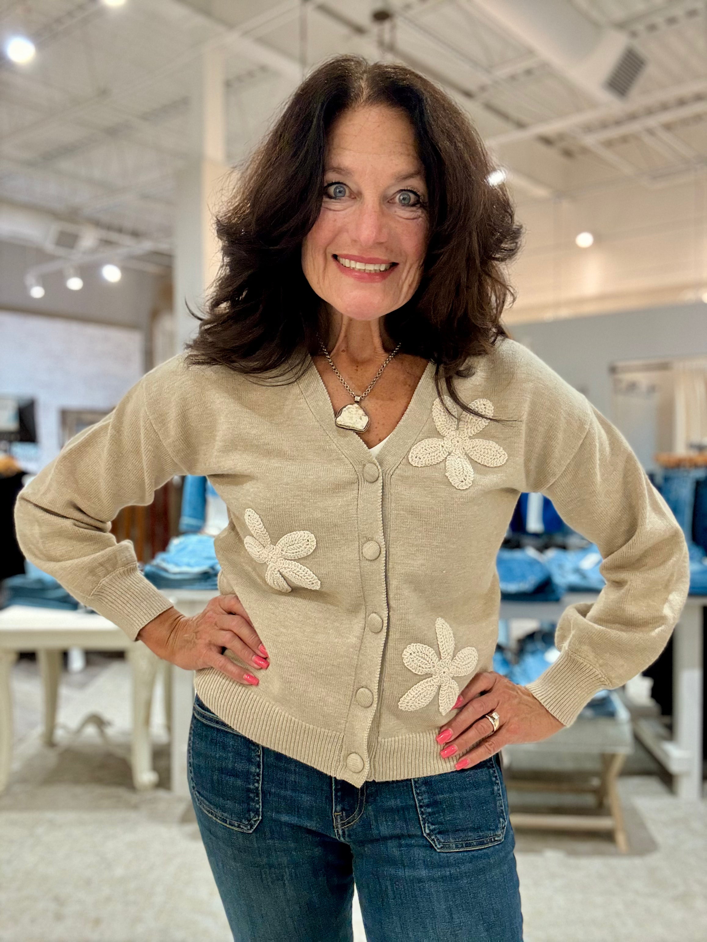 Long Sleeve V-Neck Cardigan with Floral Embroidery