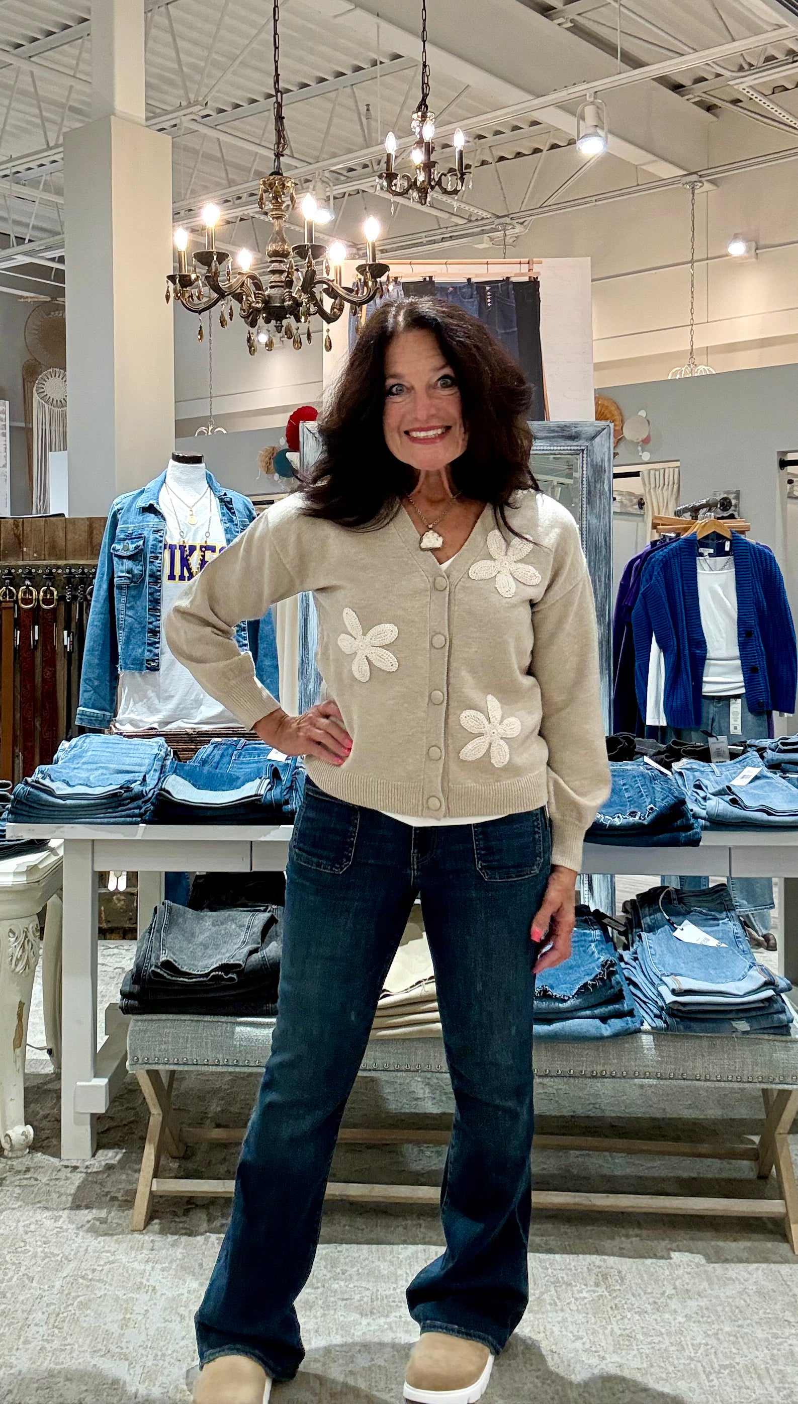 Long Sleeve V-Neck Cardigan with Floral Embroidery