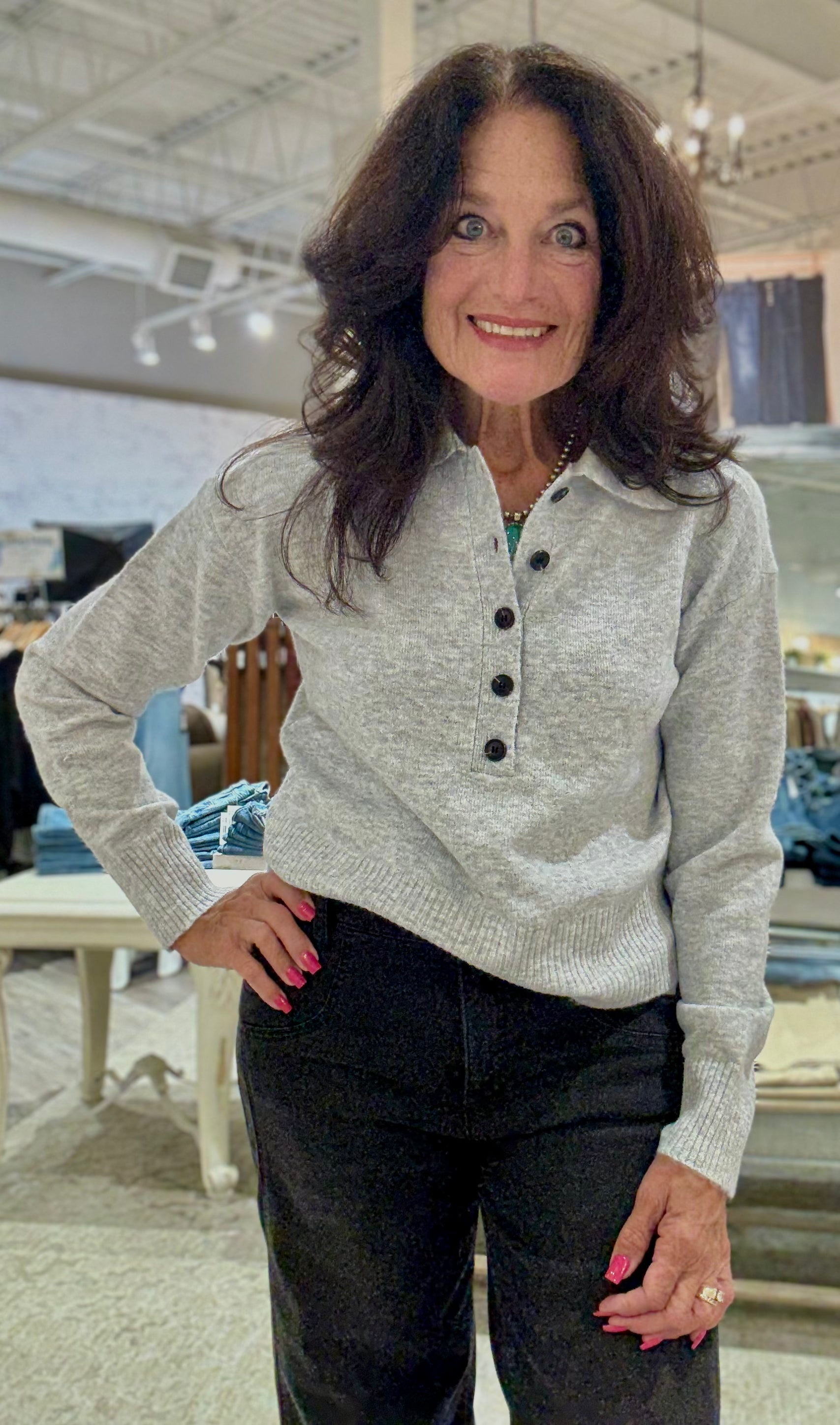 Lilia Button Front Long Sleeve Sweater- grey