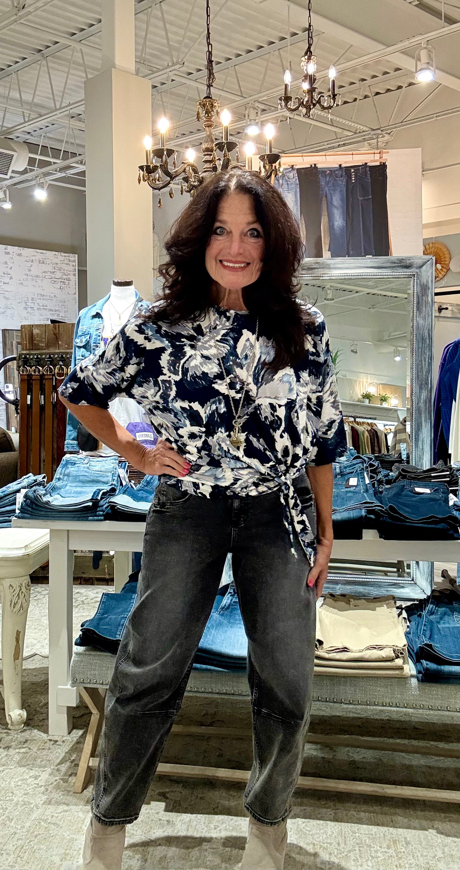 Abstract Floral Soft Knit Side Tie Top with Silver Foil