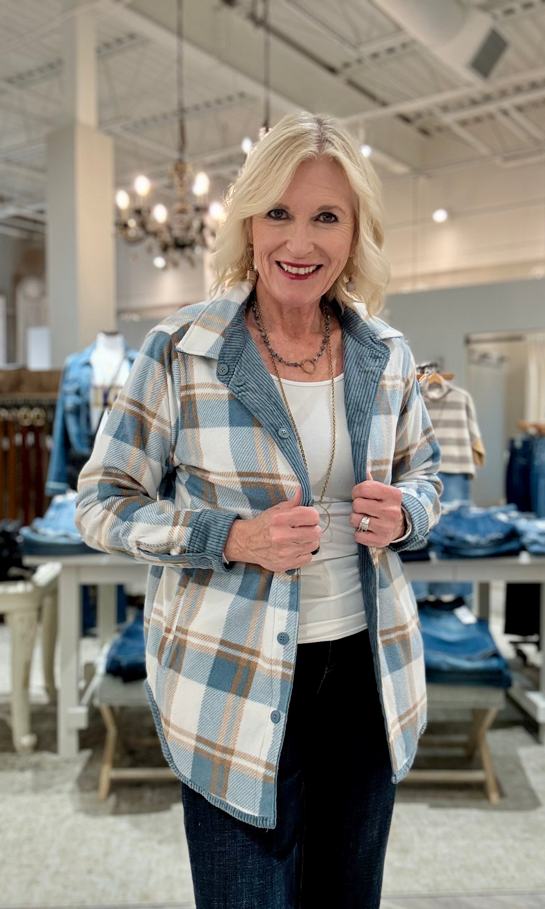 Plaid Flannel-Lined Corduroy Shacket- bluestone