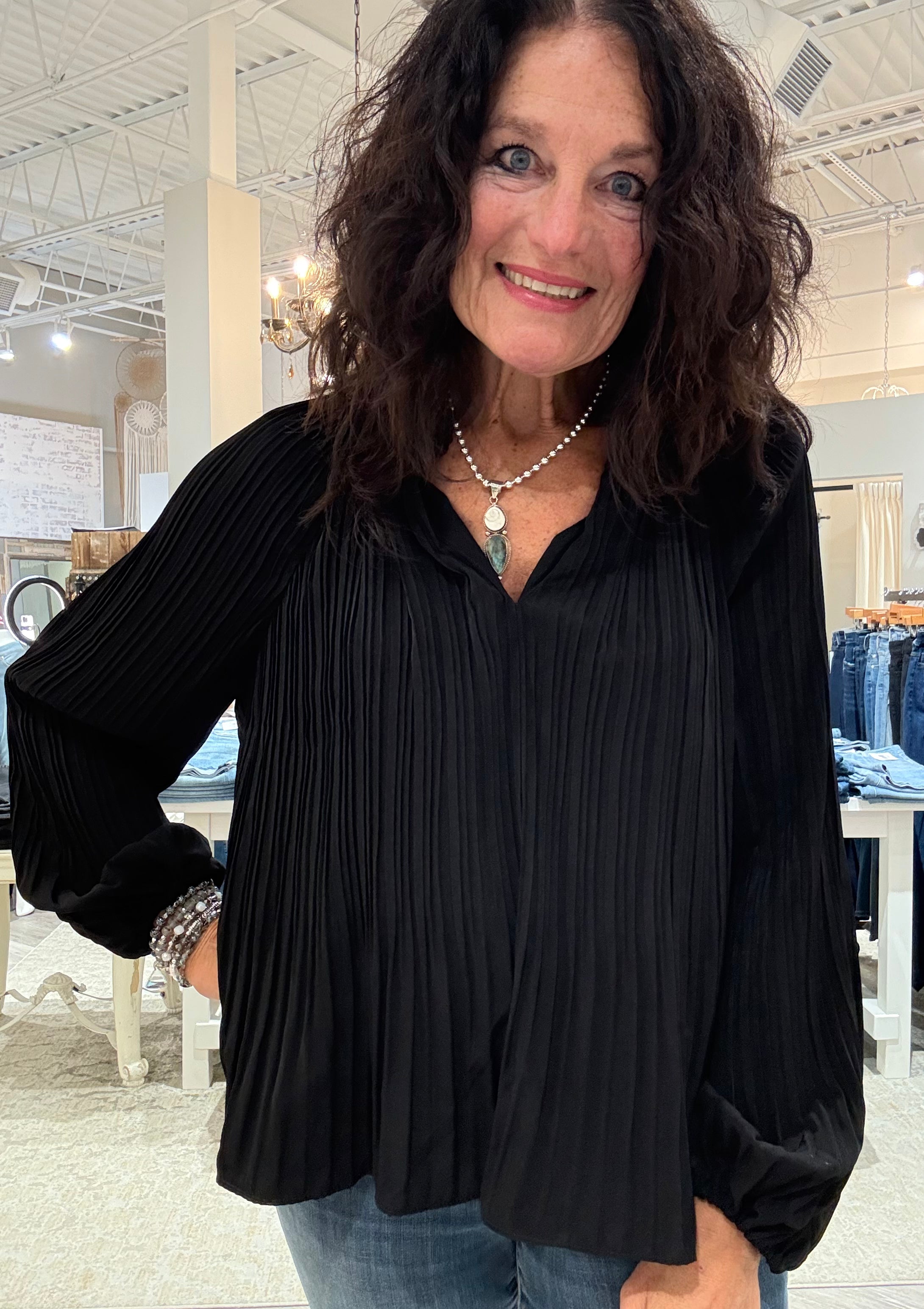 Long Sleeve Blouse with Ruffle Collar- black