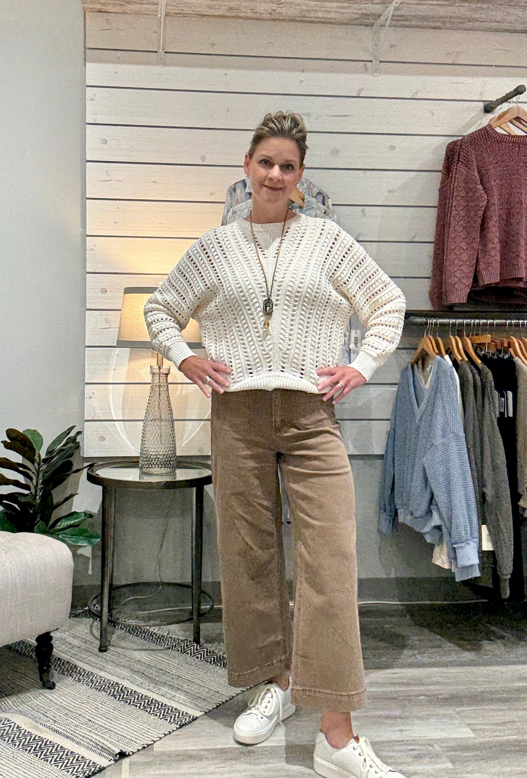 Crew Neck Sweater with Open Weave- eggshell