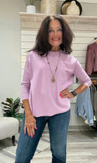 Oversized Crew Neck Pullover Sweater with Rib Sleeves- lilac