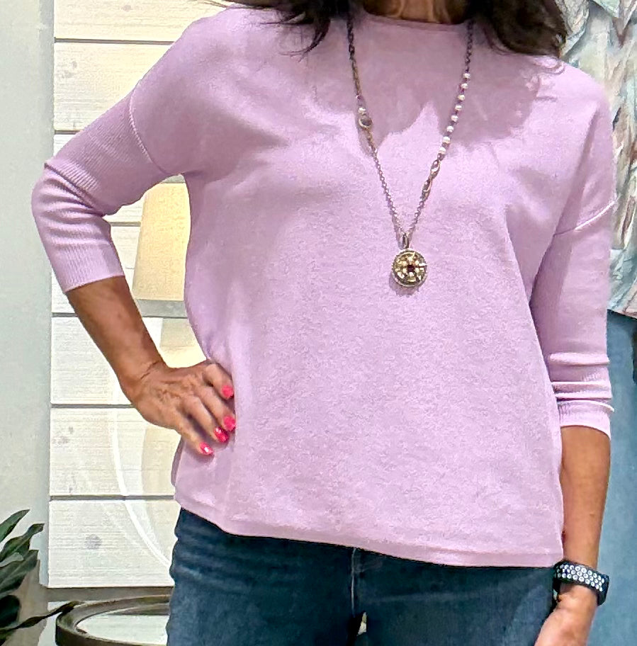 Oversized Crew Neck Pullover Sweater with Rib Sleeves- lilac
