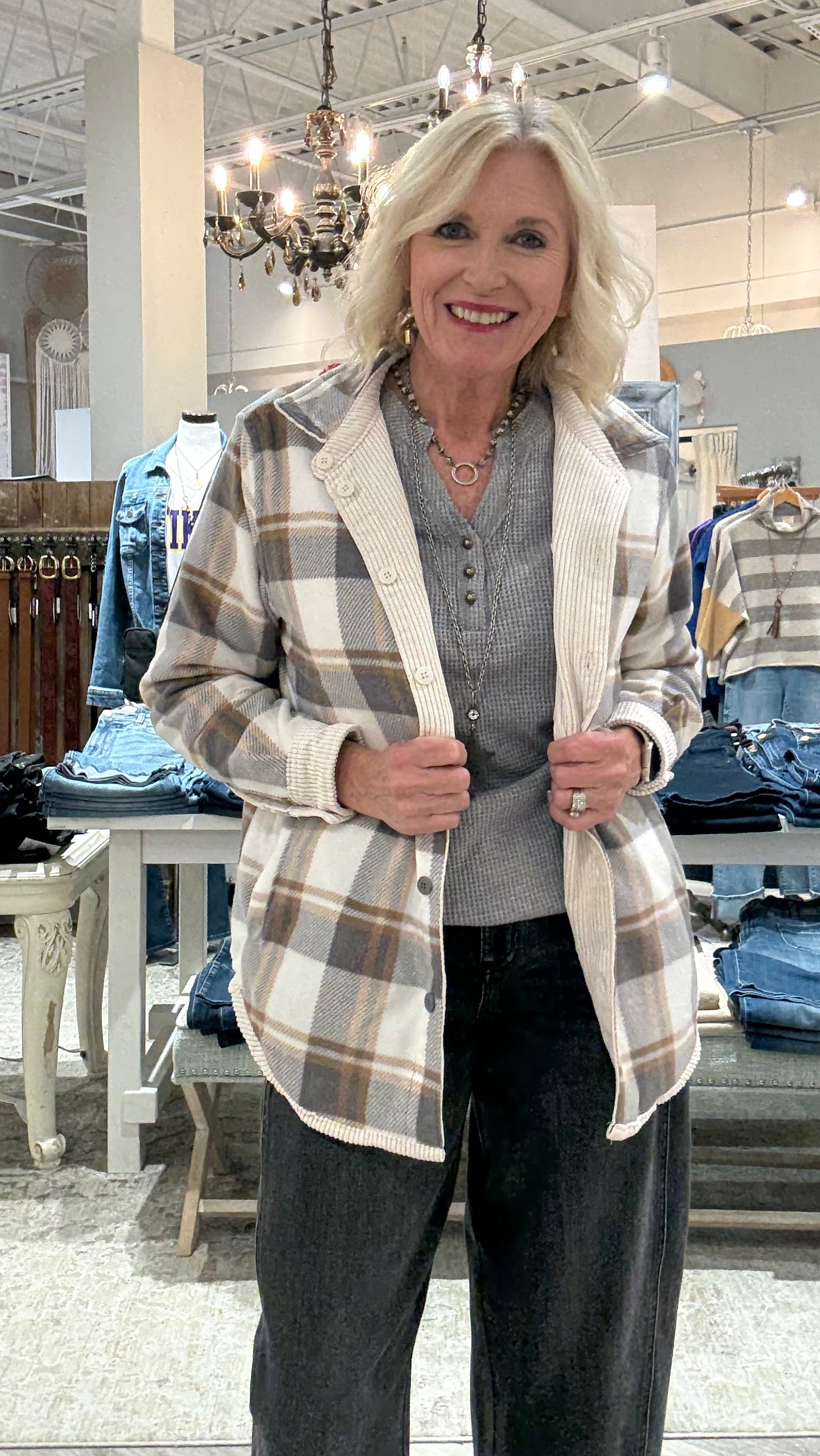 Plaid Flannel-Lined Corduroy Shacket- cream