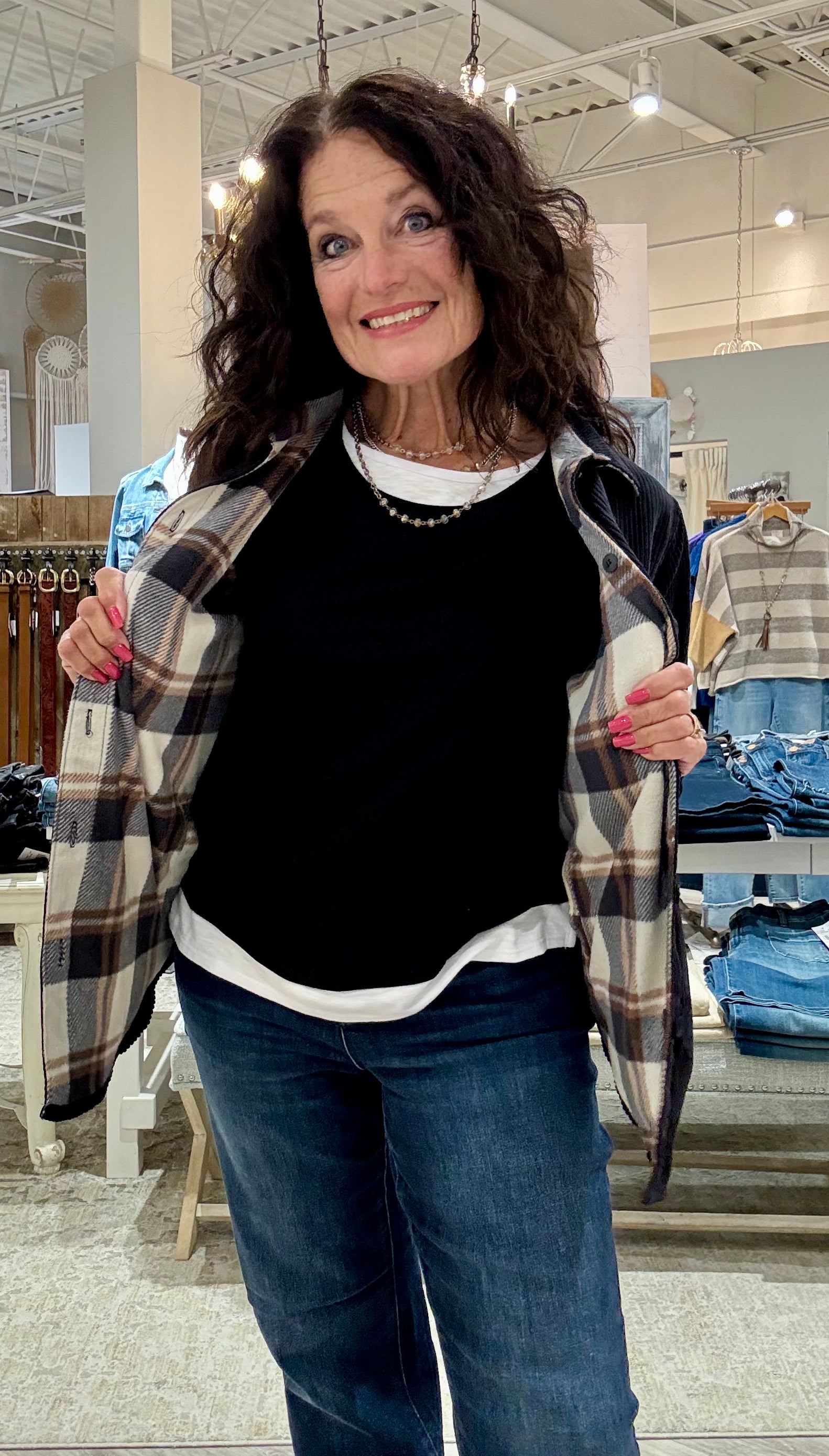 Plaid Flannel-Lined Corduroy Shacket- black