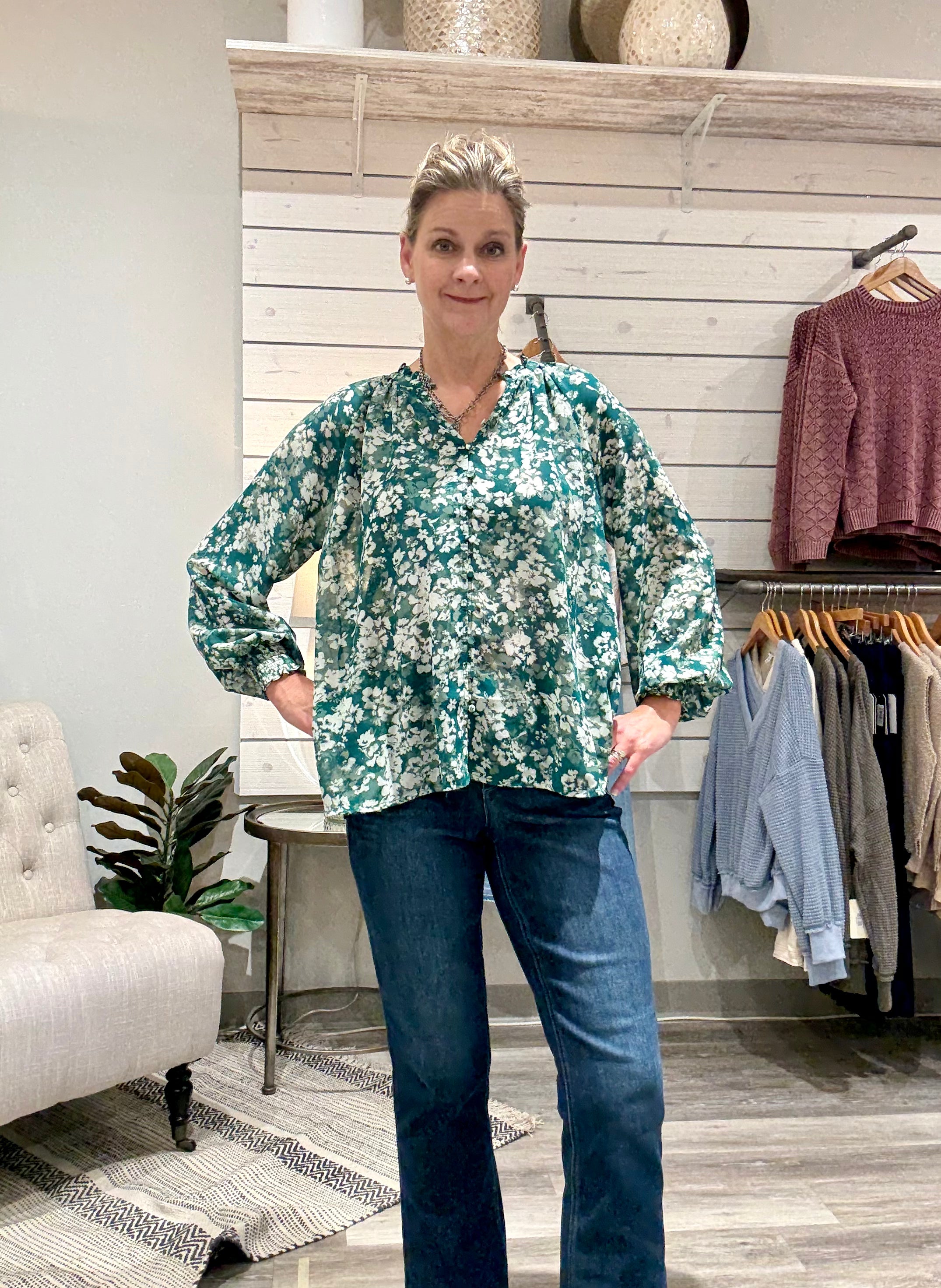 Blurred Floral Raglan Open Neck Blouse