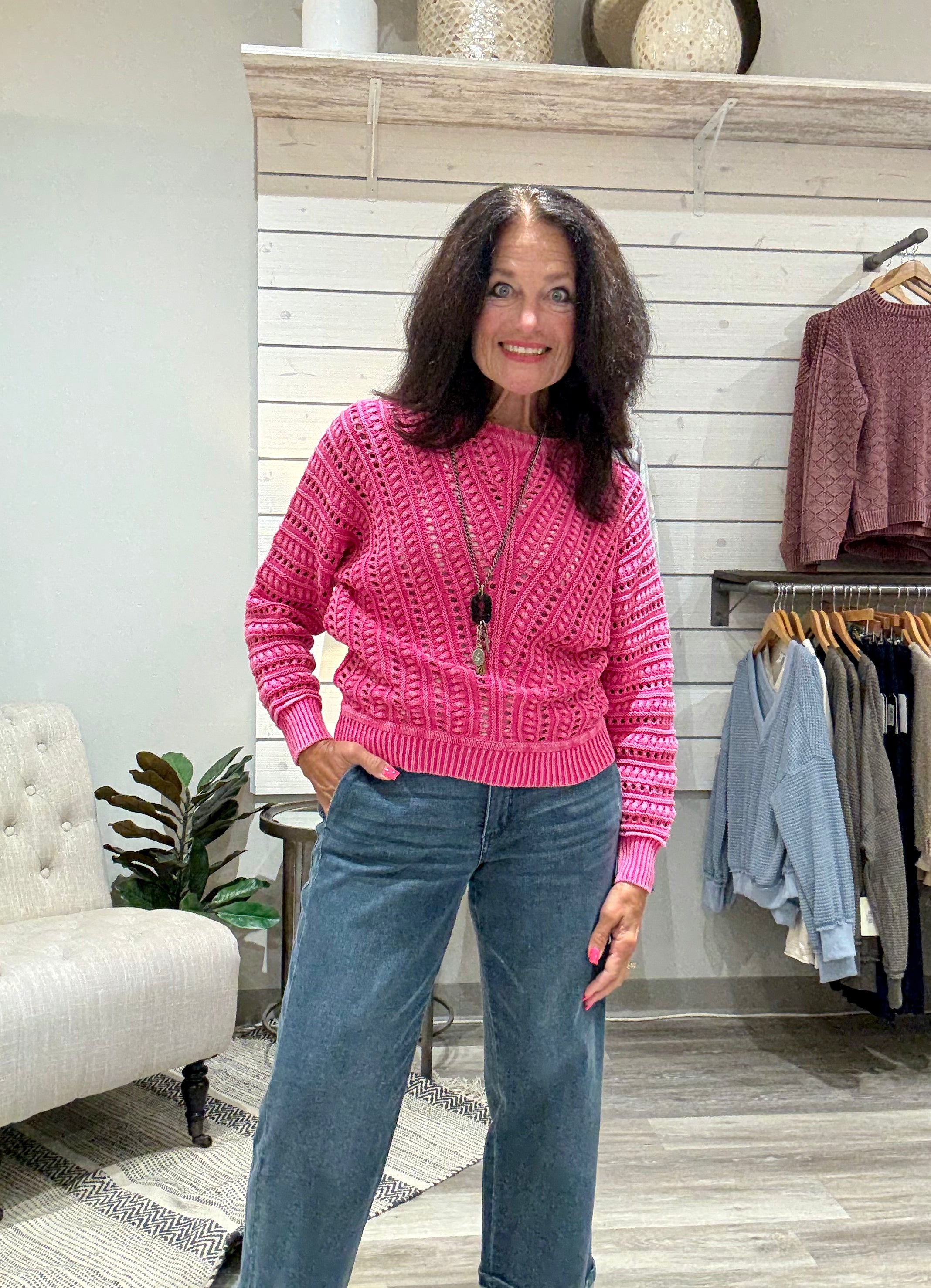 Crew Neck Sweater with Open Weave- cherry