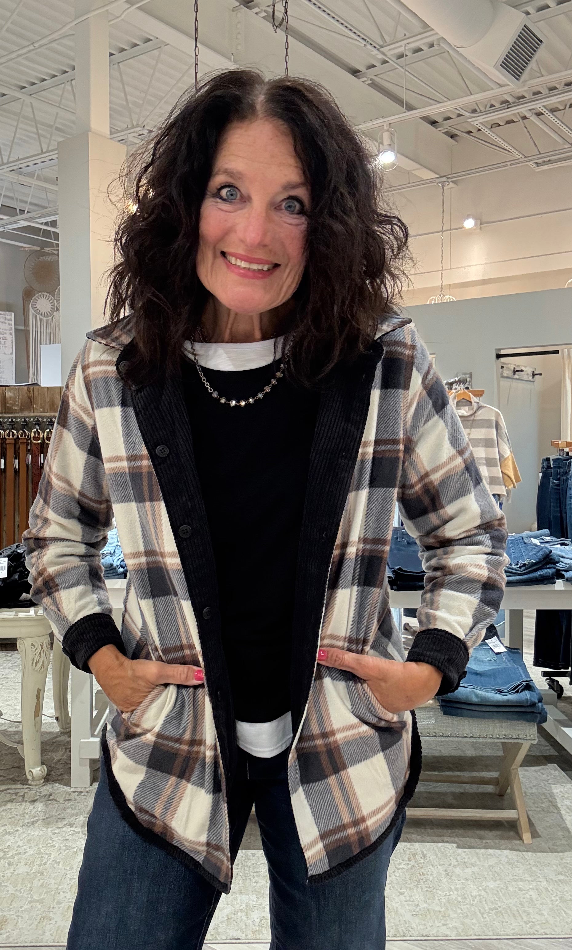 Plaid Flannel-Lined Corduroy Shacket- black