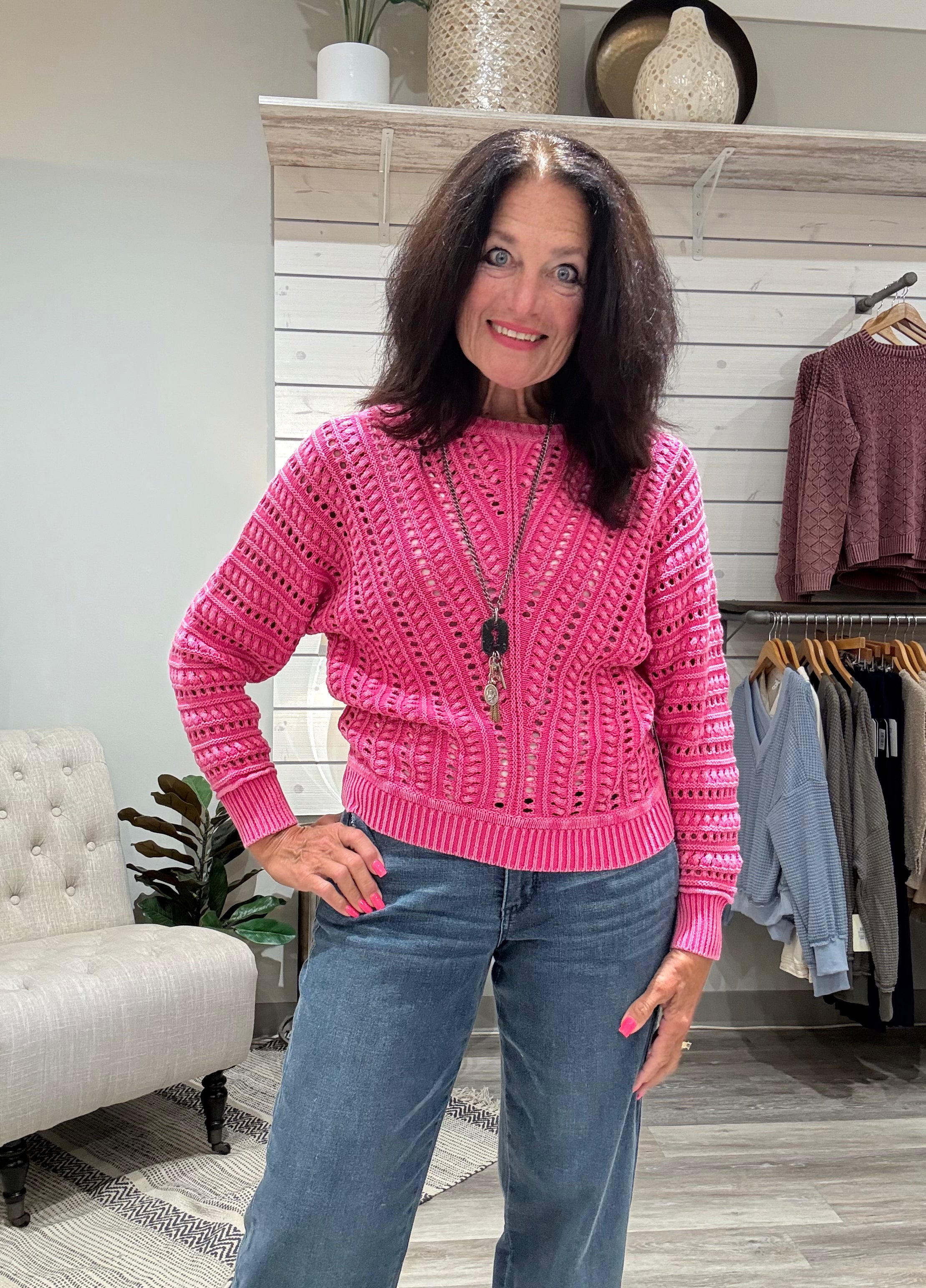 Crew Neck Sweater with Open Weave-cherry