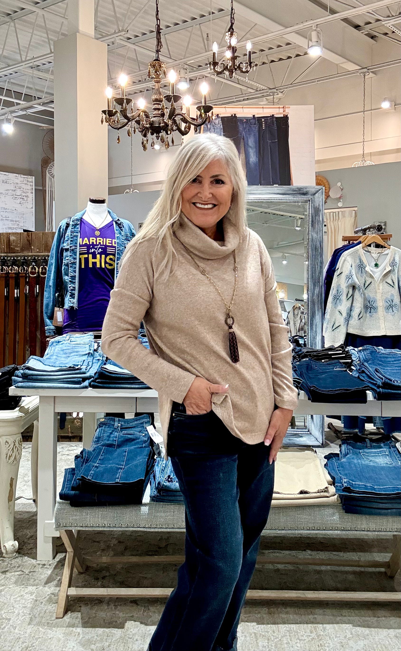 Ultra Soft Faux Cashmere Turtle Neck Tunic Sweater with Side Vents