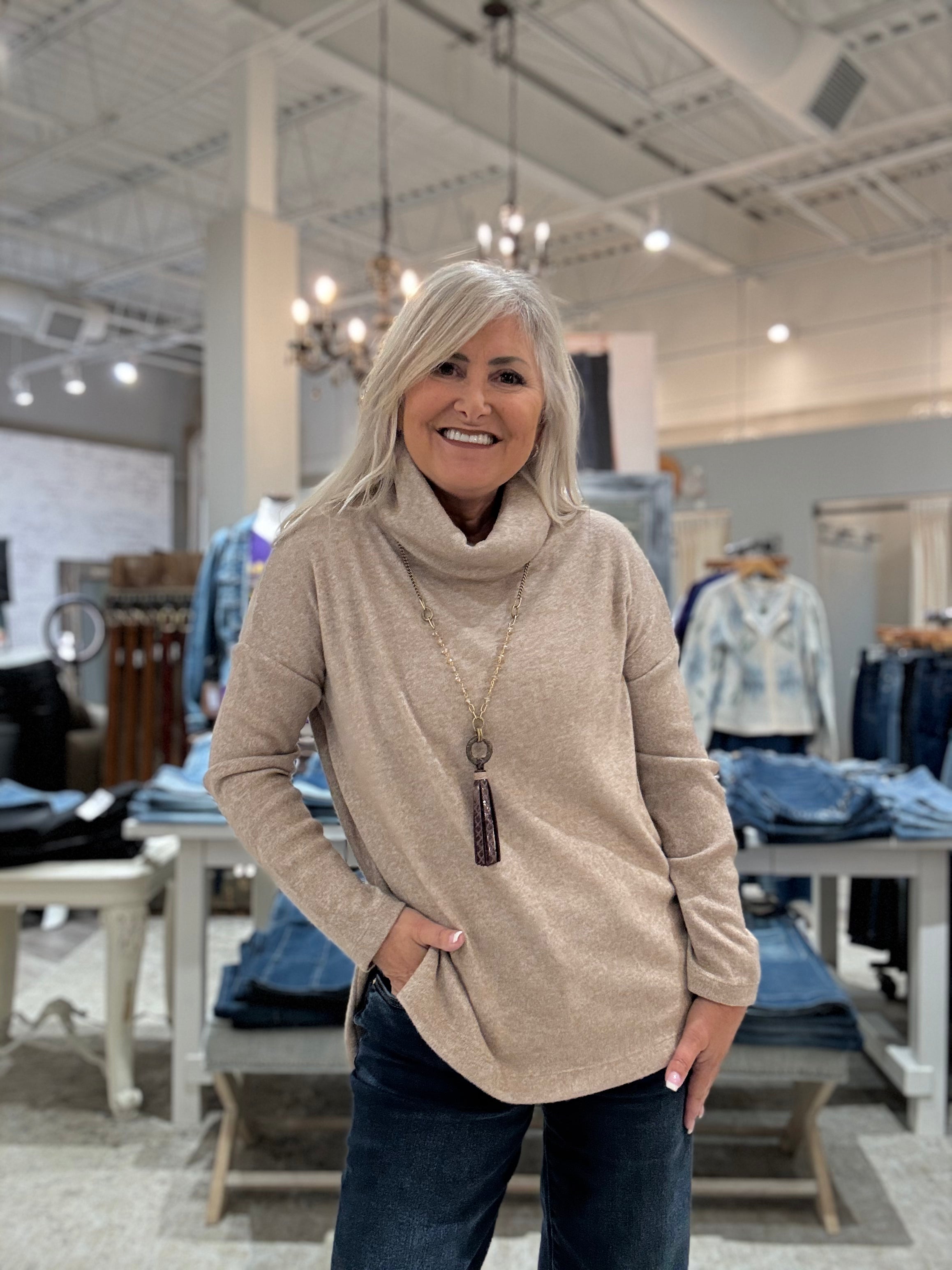 Ultra Soft Faux Cashmere Turtle Neck Tunic Sweater with Side Vents