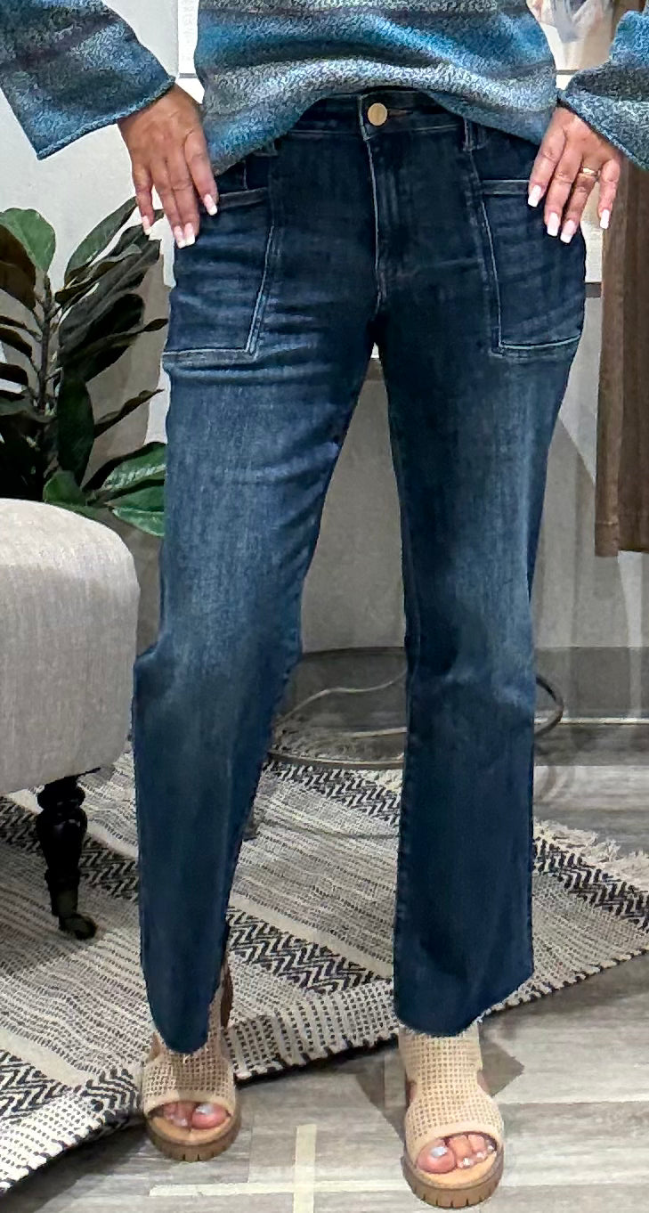 Kelsey High Rise Raw Hem Flare Denim