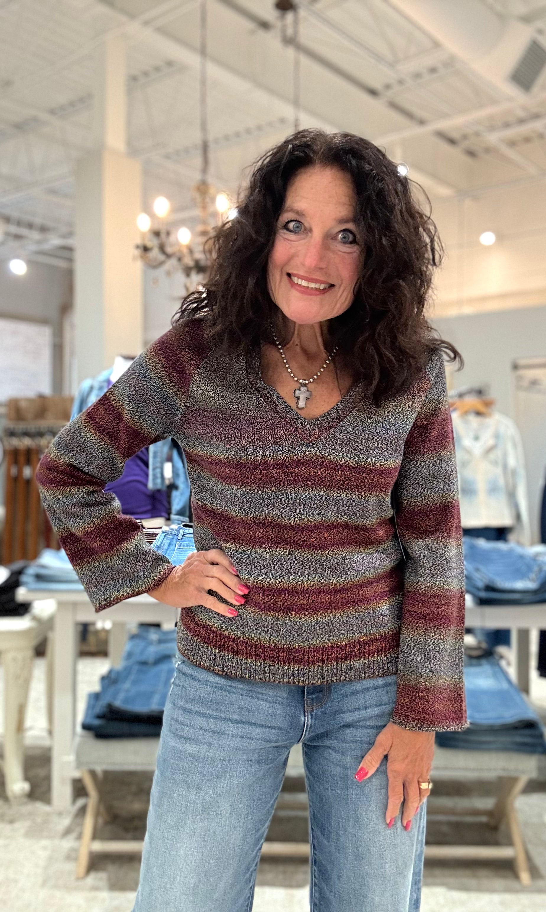 Long Sleeve V-Neck Sweater- wine